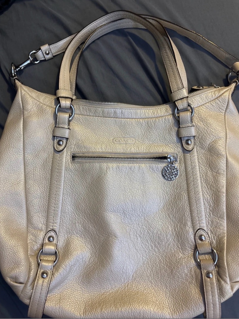 Coach Alexandra Metallic Champagne Ivory Pebbled Leather Shoulder Bag